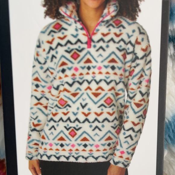 Eddie Bauer Women’s Plush 1/4 Zip Jacket Faux Sherpa Western Print Pullover NWT - Picture 1 of 8